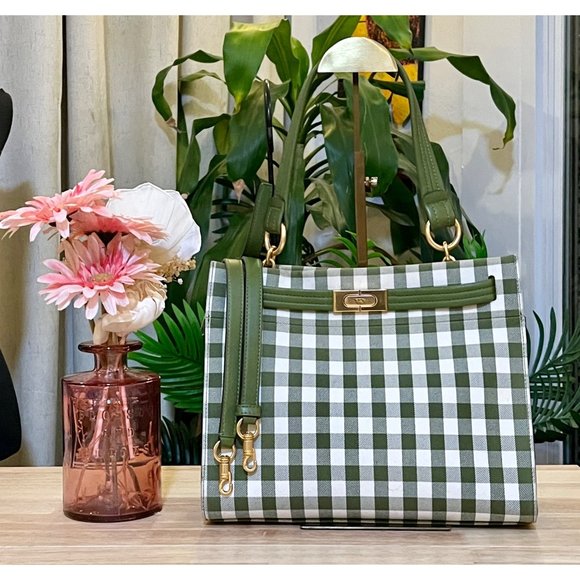 ✺✺ AUTHENTIC TORY BURCH GREEN AND WHITE PLAID PETITE LEE RADZIWILL ✺✺ - Picture 2 of 14